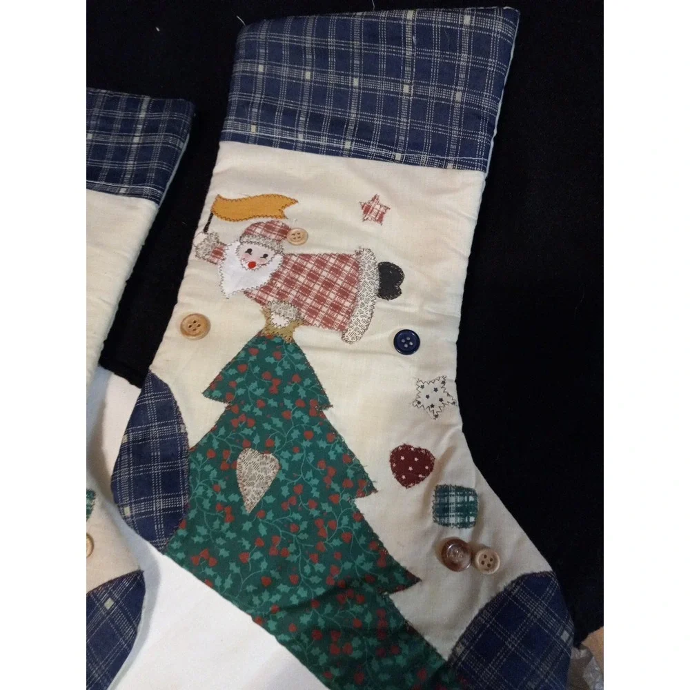2 Handmade Christmas stocking Quilted Patchwork Buttons Blue 15